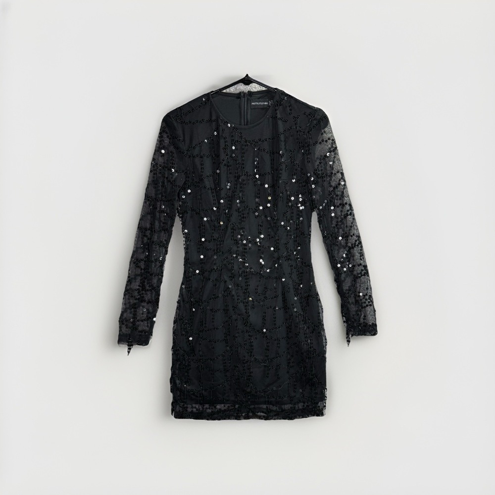 PrettyLittleThing Black Sequin Fringe Mini Dress Women's Size 6 Party Cocktail